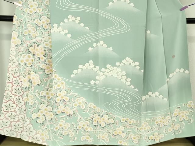 平和屋本店●極上 京友禅作家 光永正美 訪問着 刺繍 枝花文 薄い千草色地 暈し染め 金彩 逸品 未使用 DZAB7247kh6