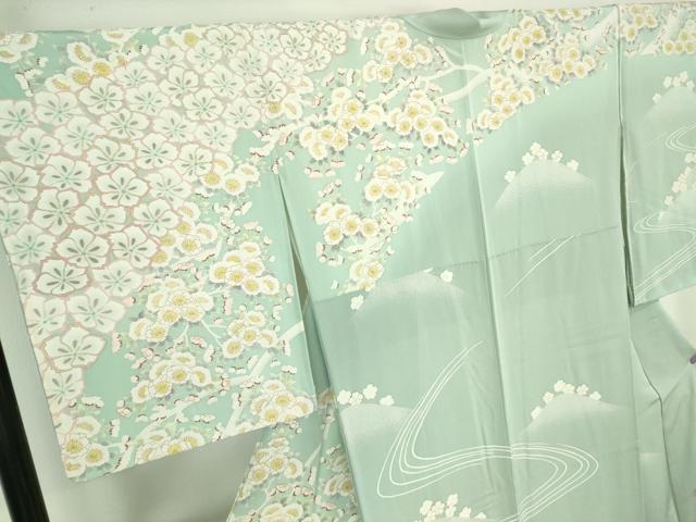 平和屋本店●極上 京友禅作家 光永正美 訪問着 刺繍 枝花文 薄い千草色地 暈し染め 金彩 逸品 未使用 DZAB7247kh6
