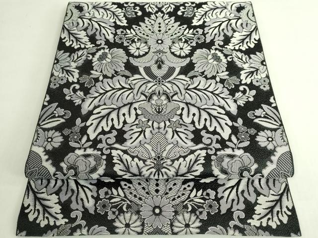平和屋着物●極上 本場筑前博多織 八寸名古屋帯 洋花文 黒地 逸品 DZAB7252kh6