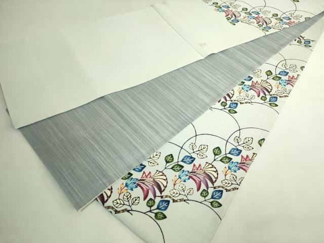 平和屋本店●最高級 城間栄順 本場琉球紅型 太鼓柄袋帯 枝花文 伊と幸 松岡姫 琉藍 薄い白藍色地 反端付き 逸品 DZAB7255kh6
