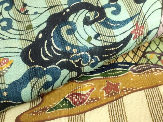 平和屋本店●極上 夏物 芭蕉布 手積み芭蕉糸100% 九寸名古屋帯 琉球紅型 立波網干風景 貝殻 逸品 DZAB7263kh6