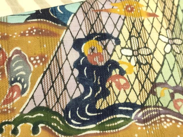平和屋本店●極上 夏物 芭蕉布 手積み芭蕉糸100% 九寸名古屋帯 琉球紅型 立波網干風景 貝殻 逸品 DZAB7263kh6