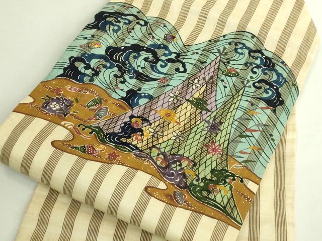 平和屋本店●極上 夏物 芭蕉布 手積み芭蕉糸100% 九寸名古屋帯 琉球紅型 立波網干風景 貝殻 逸品 DZAB7263kh6