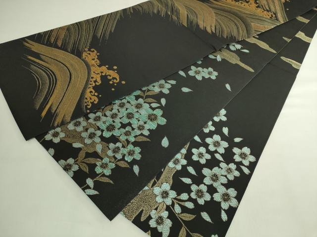 平和屋着物●極上 両面 太鼓柄袋帯 立波に枝垂れ桜 満月 黒地 金銀糸 逸品 DZAB7268kh6