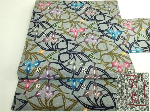 平和屋本店●最高級 城間栄順 本場琉球紅型 九寸名古屋帯 杜若 豆がら茶色地 鬼しぼ縮緬 逸品 DZAB7287kh6
