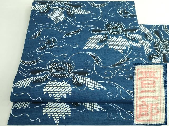 平和屋本店●極上 本場琉球紅型 平野晋二郎 九寸名古屋帯 紬地 花唐草 藍 逸品 DZAB7301kh6