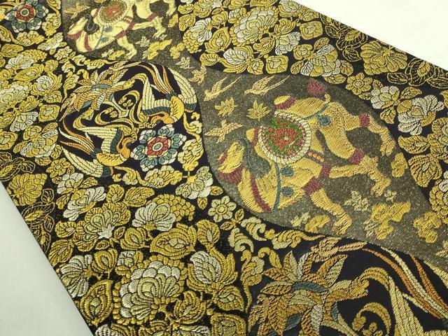 平和屋本店●極上 紋屋井関 御寮織 六通柄袋帯 向かい鳥花文 ラクダ 黒地 金糸 逸品 DZAB7304kh6