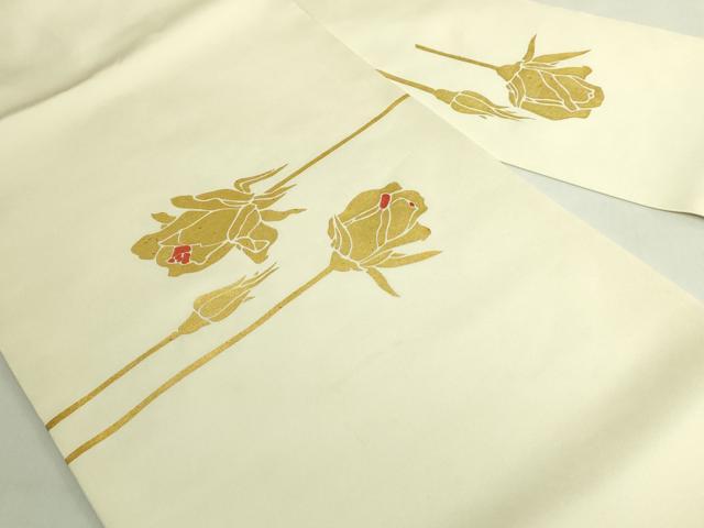 平和屋本店●極上 京都老舗銘店・に志田 塩瀬 九寸名古屋帯 刺繍 金バラ 薔薇 生成り色地 金彩 たとう紙付き 逸品 DZAB7321kh6