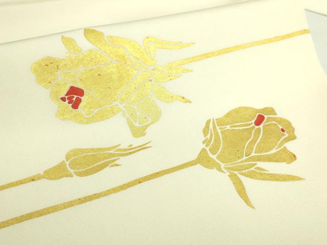 平和屋本店●極上 京都老舗銘店・に志田 塩瀬 九寸名古屋帯 刺繍 金バラ 薔薇 生成り色地 金彩 たとう紙付き 逸品 DZAB7321kh6