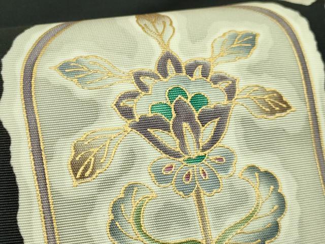平和屋本店●極上 岡重謹製 OKAJIMA 塩瀬 九寸名古屋帯 更紗花文 黒地 金彩 逸品 DZAB7322kh6