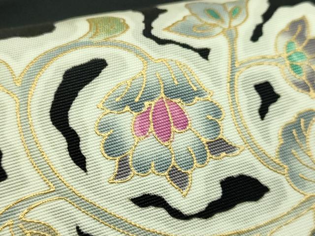 平和屋本店●極上 岡重謹製 OKAJIMA 塩瀬 九寸名古屋帯 更紗花文 黒地 金彩 逸品 DZAB7322kh6