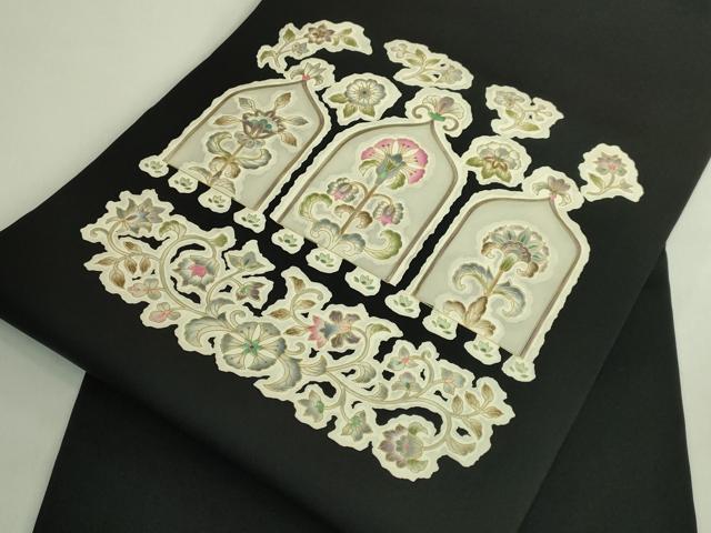平和屋本店●極上 岡重謹製 OKAJIMA 塩瀬 九寸名古屋帯 更紗花文 黒地 金彩 逸品 DZAB7322kh6
