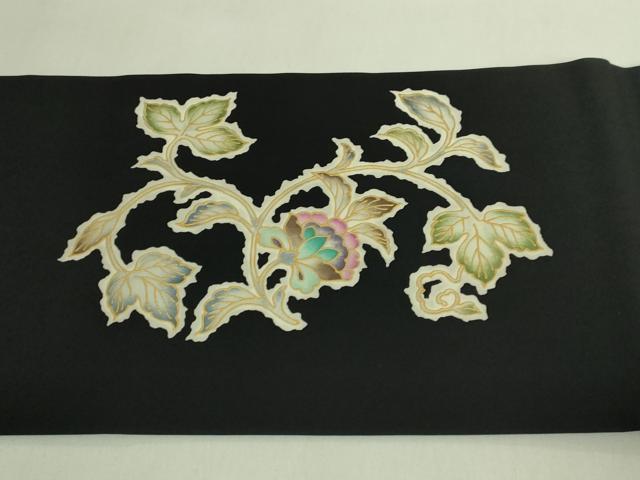 平和屋本店●極上 岡重謹製 OKAJIMA 塩瀬 九寸名古屋帯 更紗花文 黒地 金彩 逸品 DZAB7322kh6