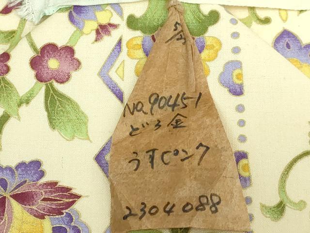 平和屋本店●極上 岡重謹製 OKAJIMA 九寸名古屋帯 結城紬 更紗花文 うすピンク色地 証紙付き 逸品 未使用 DZAB7334kh6