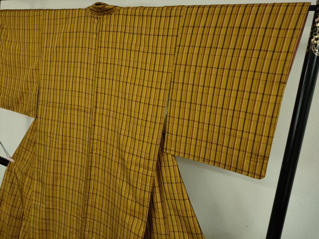 平和屋本店●希少 本場黄八丈 足高貴 紬 格子 逸品 未使用 DZAB7363kh6