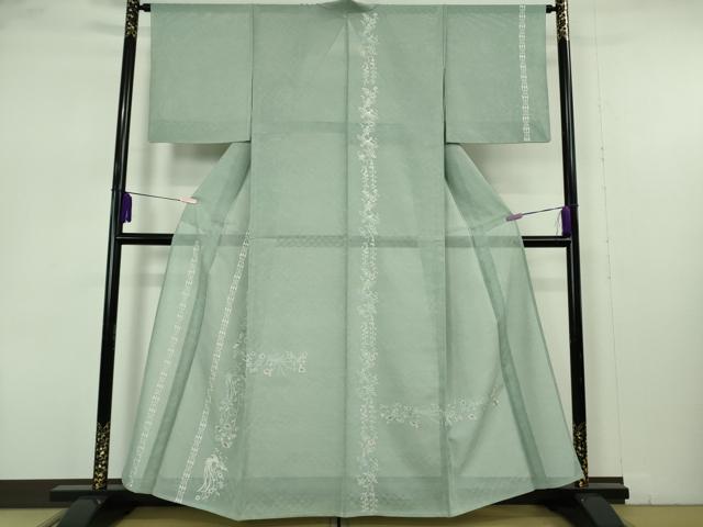 平和屋本店*極上 夏物 訪問着 総刺繍 紗 花鳥間道 柳鼠色地 銀糸 逸品 DZAB7367kh6