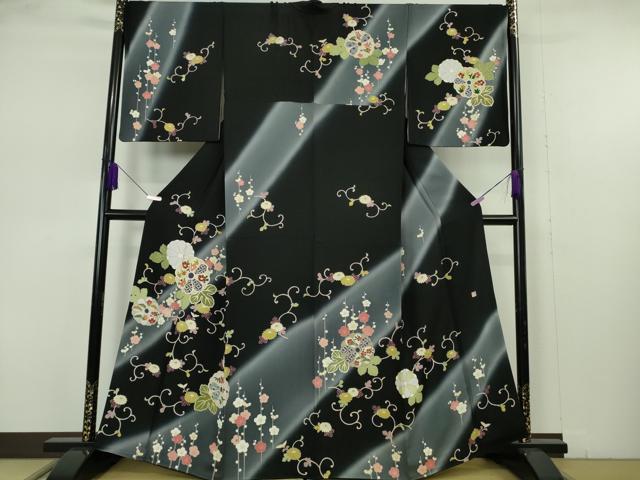 平和屋本店●極上 訪問着 作家物 菊唐草文 暈し染め 黒地 金彩 逸品 DZAB7370kh6