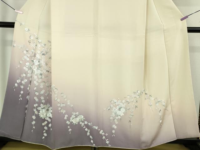 平和屋本店●極上 訪問着・長襦袢(無双仕立て)セット 総刺繍 枝垂れ花 鳥の子色地 暈し染め 逸品 未使用 DZAB7372kh6