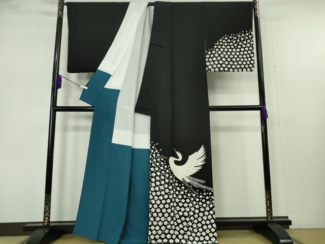 平和屋本店●極上 東京友禅 菅有鬼一 訪問着 白鷺 舞花 黒地 金彩 逸品 DZAB7374kh6