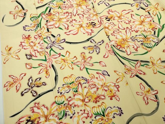 平和屋本店●超希少 染彩芸術の巨匠 皆川月華 ろうけつ染 小紋 刺繍 花唐草文 砥粉色地 金糸 逸品 DZAB7377kh6
