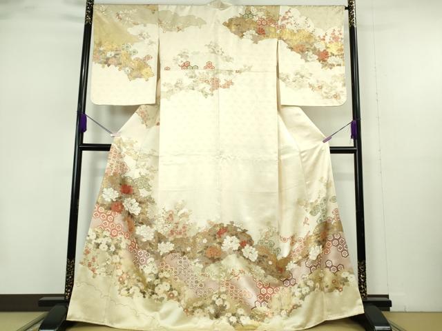 平和屋本店●極上 訪問着 駒刺繍 雪輪雲取り吉祥花文 鳥の子色地 金彩 逸品 DZAB7383kh6