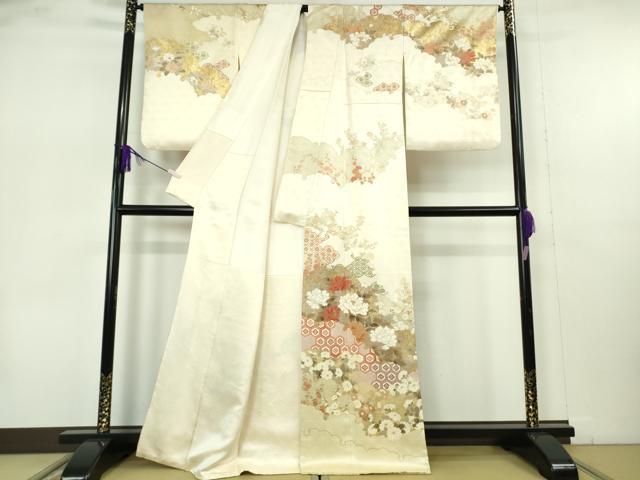平和屋本店●極上 訪問着 駒刺繍 雪輪雲取り吉祥花文 鳥の子色地 金彩 逸品 DZAB7383kh6