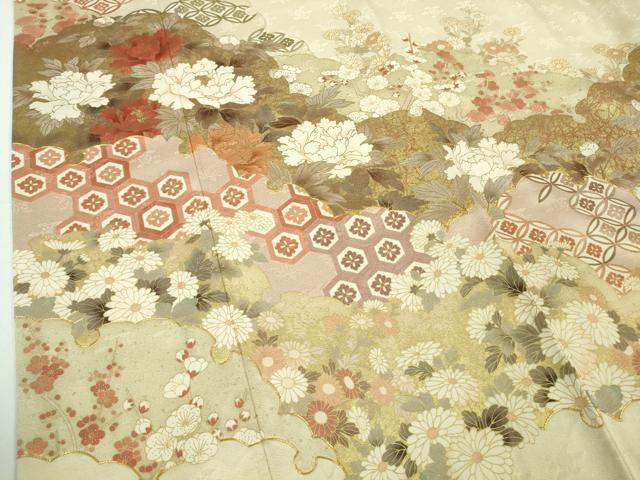 平和屋本店●極上 訪問着 駒刺繍 雪輪雲取り吉祥花文 鳥の子色地 金彩 逸品 DZAB7383kh6