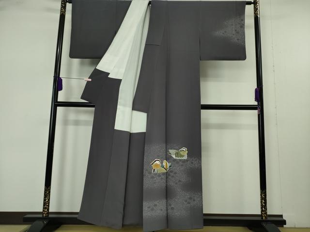 平和屋本店●極上 人間国宝・羽田登喜男 訪問着 鴛鴦 たたき染め 褐色地 金銀彩 逸品 DZAB7386kh6