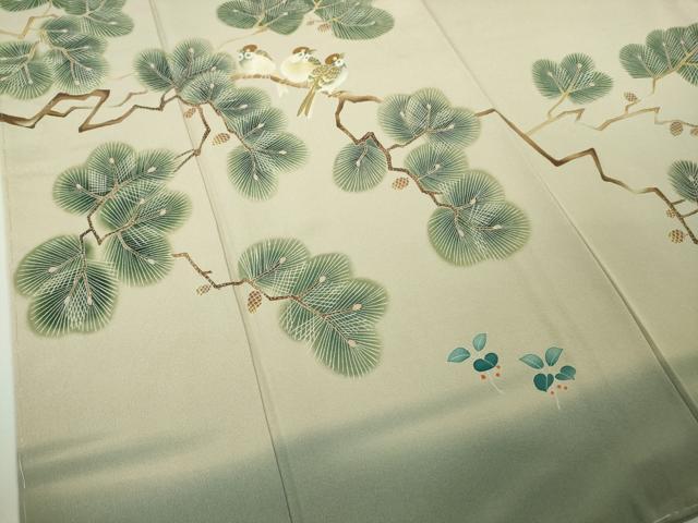 平和屋本店●極上 本加賀友禅作家 能州光陽 色留訪問着 松に雀 すずめ 練色地 暈し染め 逸品 未使用 DZAB7389kh6