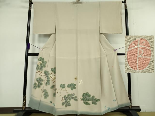 平和屋本店●極上 本加賀友禅作家 能州光陽 色留訪問着 松に雀 すずめ 練色地 暈し染め 逸品 未使用 DZAB7389kh6