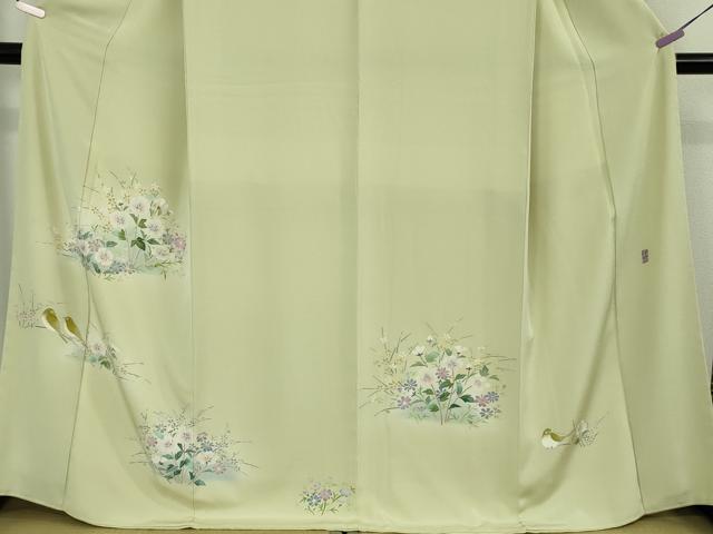 平和屋本店●極上 本加賀友禅作家 藤田美紀 訪問着 草花 小鳥 メロンイエロー色地 逸品 未使用 DZAB7390kh6