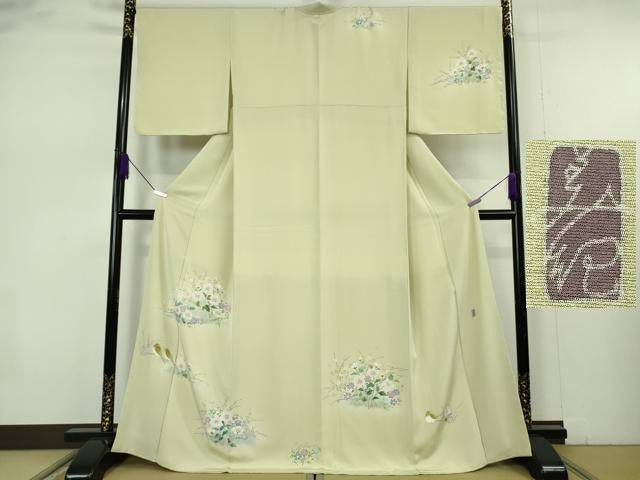 平和屋本店●極上 本加賀友禅作家 藤田美紀 訪問着 草花 小鳥 メロンイエロー色地 逸品 未使用 DZAB7390kh6