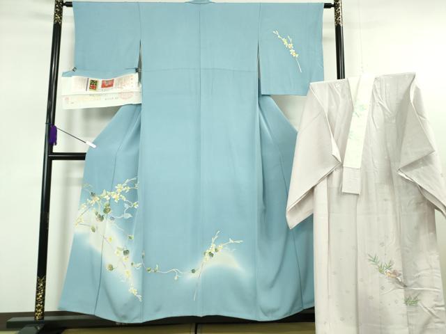 平和屋本店●極上 本加賀友禅作家 南克治 訪問着・長襦袢(無双仕立て)セット 空色地 やまと金ラベル 証紙・反端付き 逸品 DZAB7392kh6