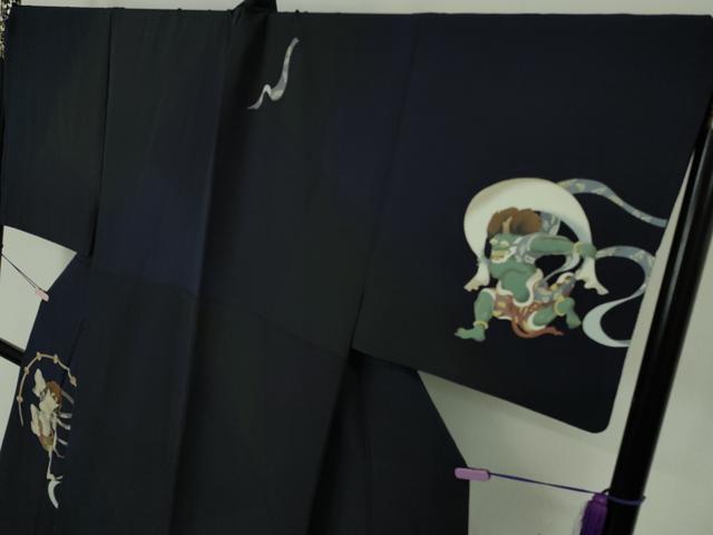 平和屋本店●極上 男性 訪問着 キングサイズ 作家物 風神雷神 黒地 逸品 DZAB7393kh6