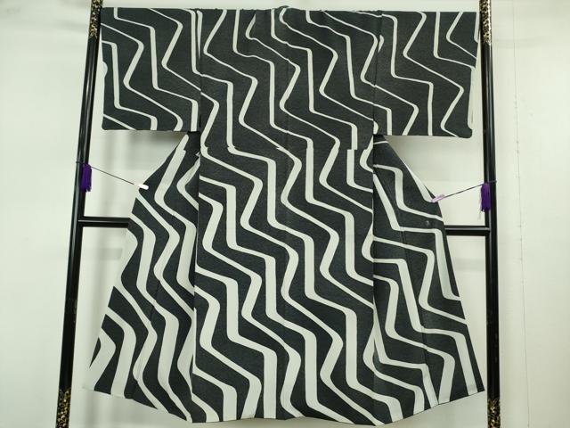 平和屋本店●極上 男性 訪問着 作家物 幾何学文様 縮緬地 黒地 逸品 DZAB7394kh6