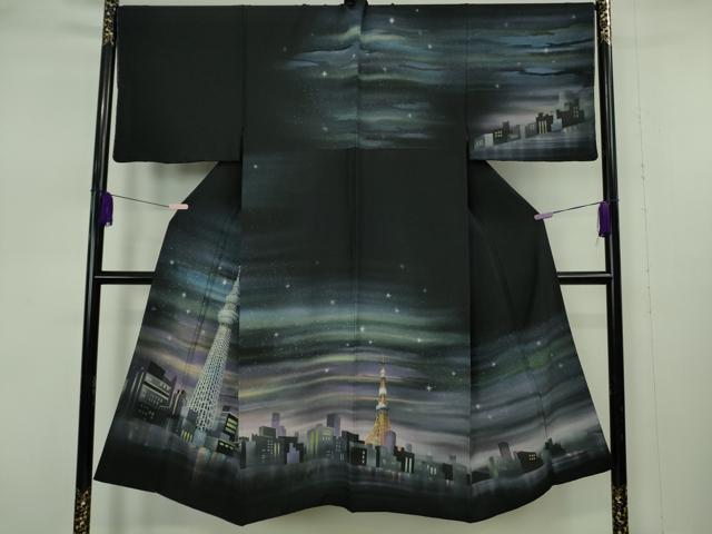 平和屋本店●極上 男性 訪問着 希少柄 スカイツリー 東京タワー 夜景 スパンコール 黒地 暈し染め 銀彩 逸品 未使用 DZAB7395kh6