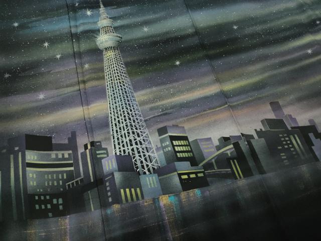 平和屋本店●極上 男性 訪問着 希少柄 スカイツリー 東京タワー 夜景 スパンコール 黒地 暈し染め 銀彩 逸品 未使用 DZAB7395kh6