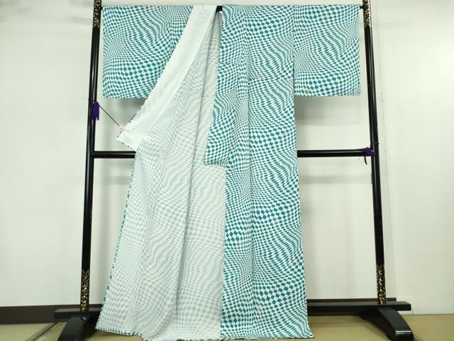 平和屋着物▽極上 小紋 単衣 変わり市松 楽器地紋 ピアノ バイオリン 銀糸 反端付き 逸品 未使用 DZAB7432kh6