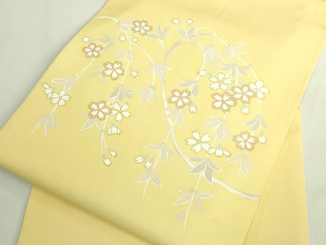 平和屋着物●極上 塩瀬 九寸開き名古屋帯 枝垂れ桜 金彩 淡黄色地 逸品 DZAB7456kh6