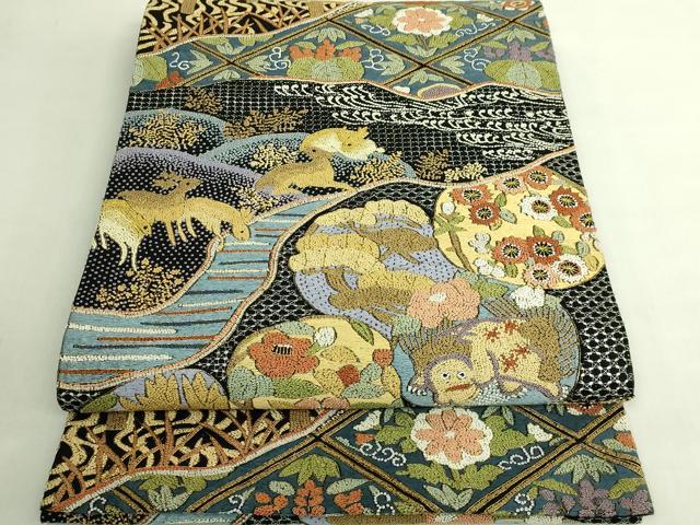 袋帯　スワトウ刺繍　相良刺繍　流線　縦縞　ドット　着物　102b d 平和屋本店○極上 銀座きしや 中国三大刺繍 スワトウ相良刺繍