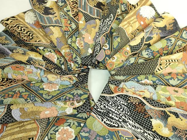 平和屋本店●極上 銀座きしや 中国三大刺繍 スワトウ相良刺繍 総刺繍 絽刺し 袋帯 動物花文 黒地 金糸 逸品 DZAB7460kh6