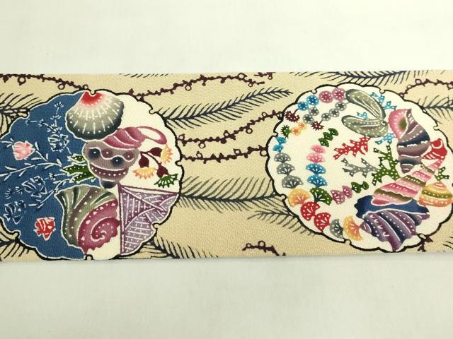 平和屋本店●最高級 城間栄順 本場琉球紅型 九寸名古屋帯 窓絵 雪輪魚絵図 鬼しぼ縮緬 やまと誂製 逸品 DZAB7461kh6