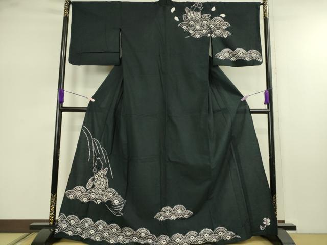 平和屋着物∴極上 夏物 浴衣 有松鳴海絞り 鯉の滝昇り 黒地 綿 逸品 DZAB7482kh6