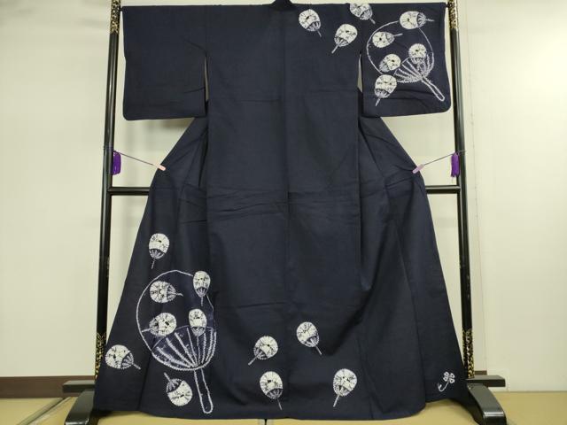 平和屋着物∴極上 夏物 浴衣 有松鳴海絞り 団扇 紺色地 綿 逸品 DZAB7483kh6