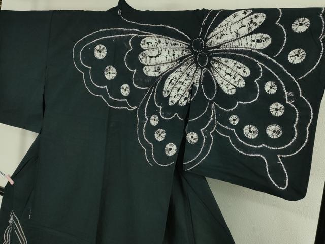 平和屋着物∴極上 夏物 浴衣 有松鳴海絞り 舞蝶文 黒地 綿 逸品 DZAB7485kh6