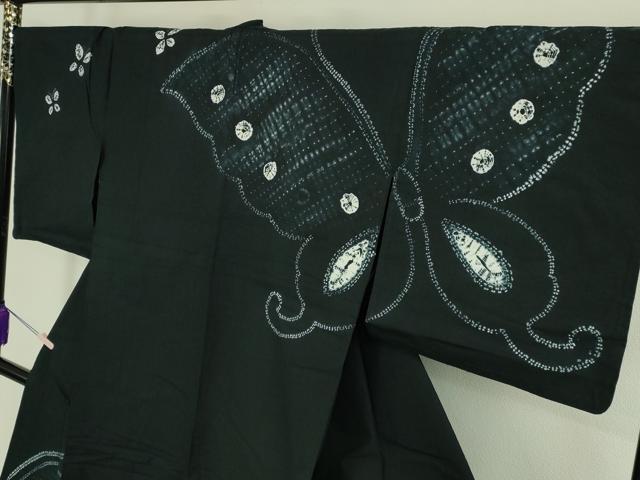 平和屋着物∴極上 夏物 浴衣 有松鳴海絞り 舞蝶文 黒地 綿 逸品 DZAB7486kh6