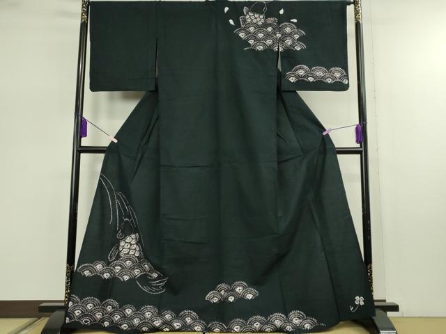 平和屋着物∴極上 夏物 浴衣 有松鳴海絞り 鯉の滝昇り 黒地 綿 逸品 DZAB7489kh6