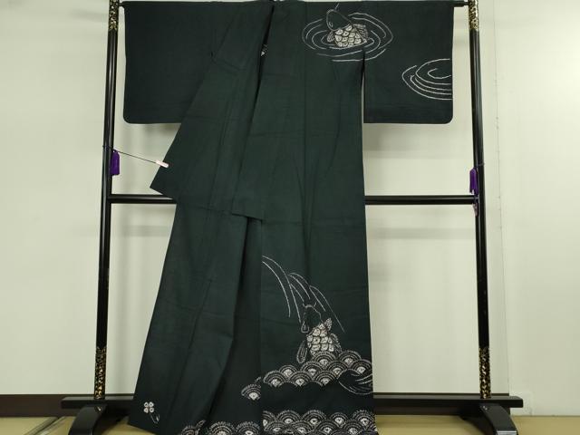 平和屋着物∴極上 夏物 浴衣 有松鳴海絞り 鯉の滝昇り 黒地 綿 逸品 DZAB7489kh6