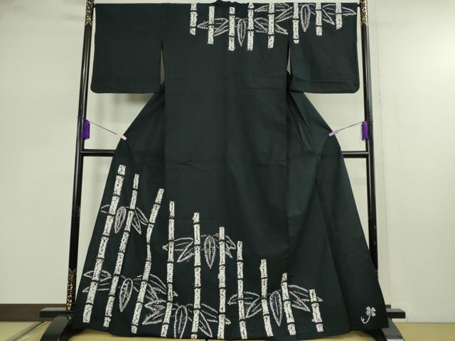 平和屋着物∴極上 夏物 浴衣 有松鳴海絞り 笹竹 黒地 綿 逸品 DZAB7490kh6