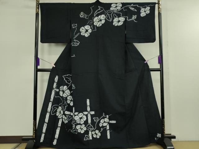 平和屋着物∴極上 夏物 浴衣 有松鳴海絞り 朝顔 黒地 綿 逸品 DZAB7493kh6